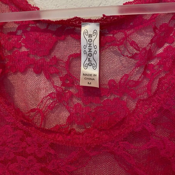 Hot Pink Lace‎ Stretch Crop Top by Bozzolo Size Medium - Picture 4 of 5